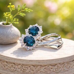 Halo Setting London Blue Topaz Earrings Sterling Silver, December Birthstone